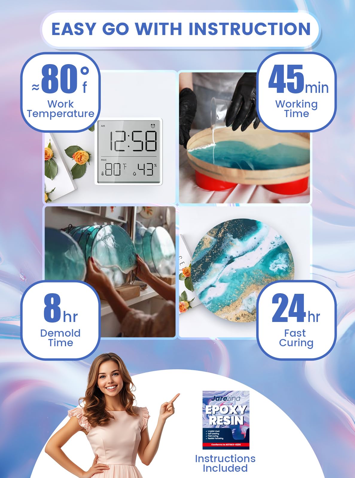 Jarezina 64OZ Epoxy Resin Kit,Crystal Clear Epoxy Resin-Strong and No Bubble,Not Yellowing,Self Leveling Easy Mix 1:1,Suitable for Art Casting,DIY,Jewelry Projects, Wood & Molds