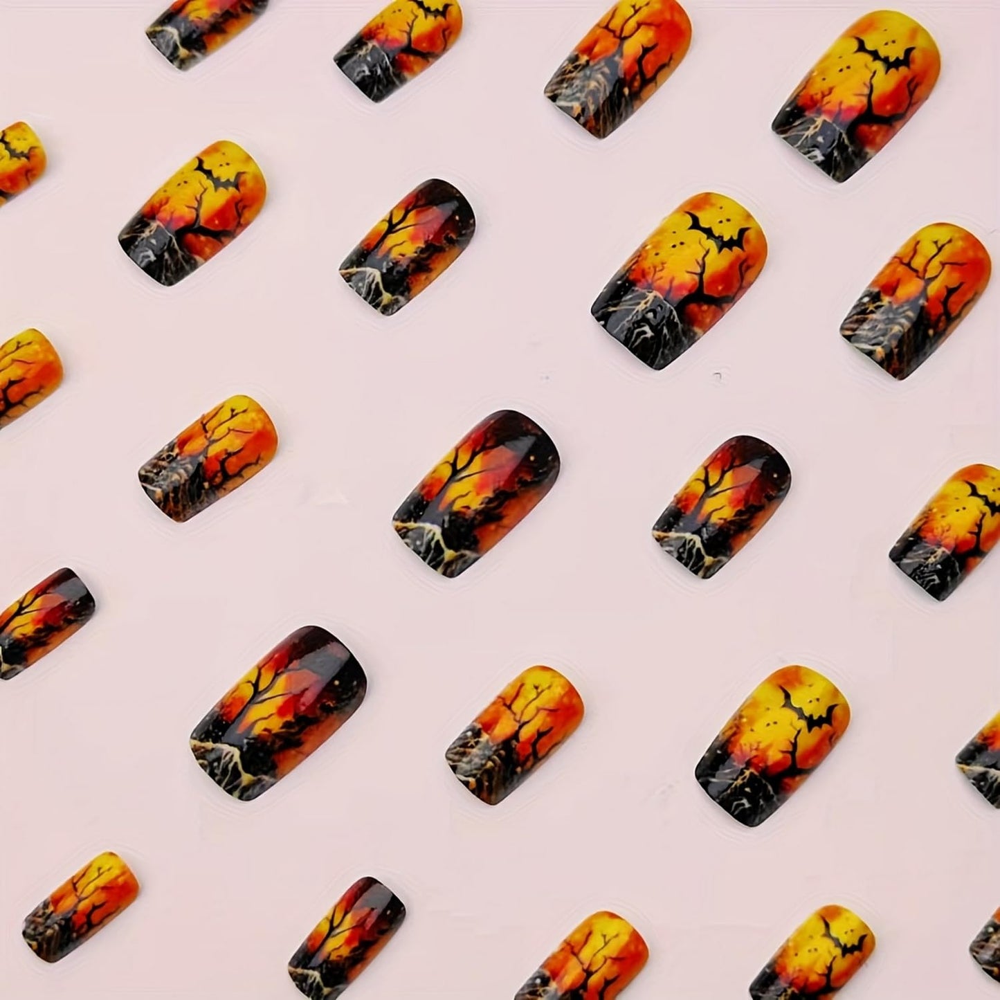 24 Pcs Halloween Press On Nails - Short Square Glossy False Nails with Bats Design, Full Cover Terror Reusable Acrylic Nails for Women's Manicure Decoration