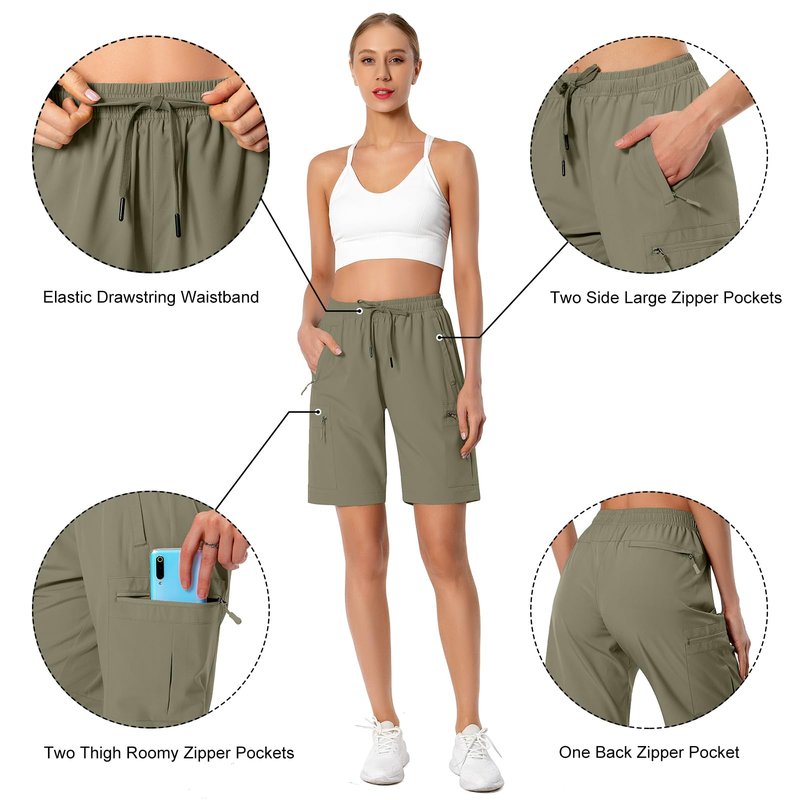 Hugut Women's Lightweight Hiking Cargo Shorts Quick Dry Athletic Shorts for Camping Travel Golf with Zipper Pockets Water Resistant Slate Green