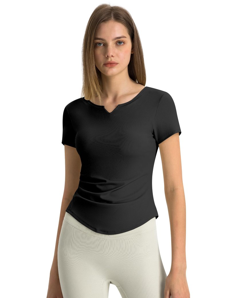 Workout Tops for Women Breathable Short Sleeve Athletic Tee V-Neck Slim Cutting Summer Running Gym Fitness Yoga Sports T-Shirt Black M
