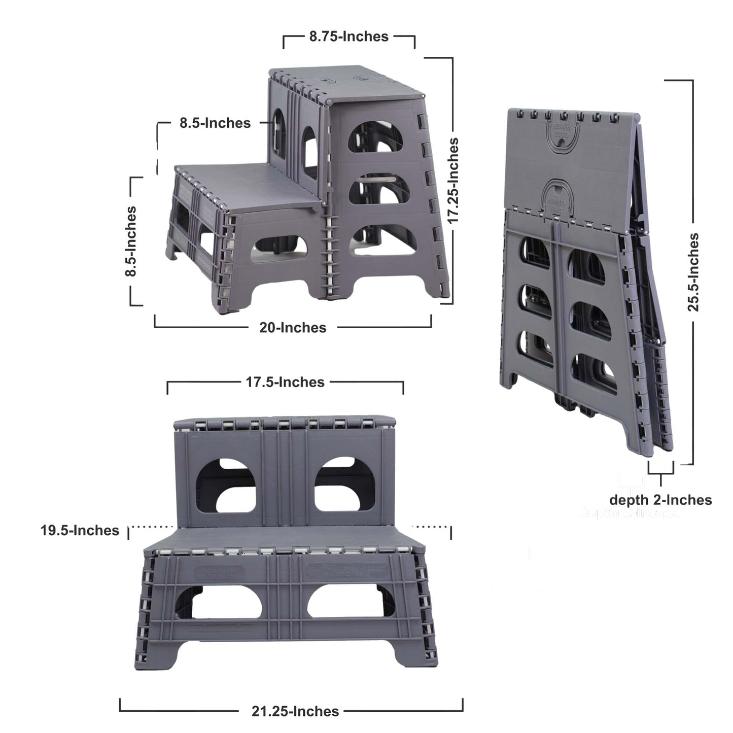 Bee Neat Folding 2 Step Stool for Adults, Kids, Toddlers - Collapsible & Foldable Step Ladder for Kitchen, Bathroom or Bedroom - Non-Slip & Wide Stepping Stool Supports 200lbs - Gray