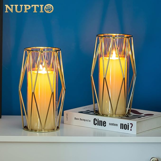 Nuptio Gold Pillar Candle Holder: 2 Pcs Glass Hurricane Candles Holders with Geometric Metal Rack Stand for Wedding Birthday Party Centerpieces - Decorative Flower Vase for Office Living Room
