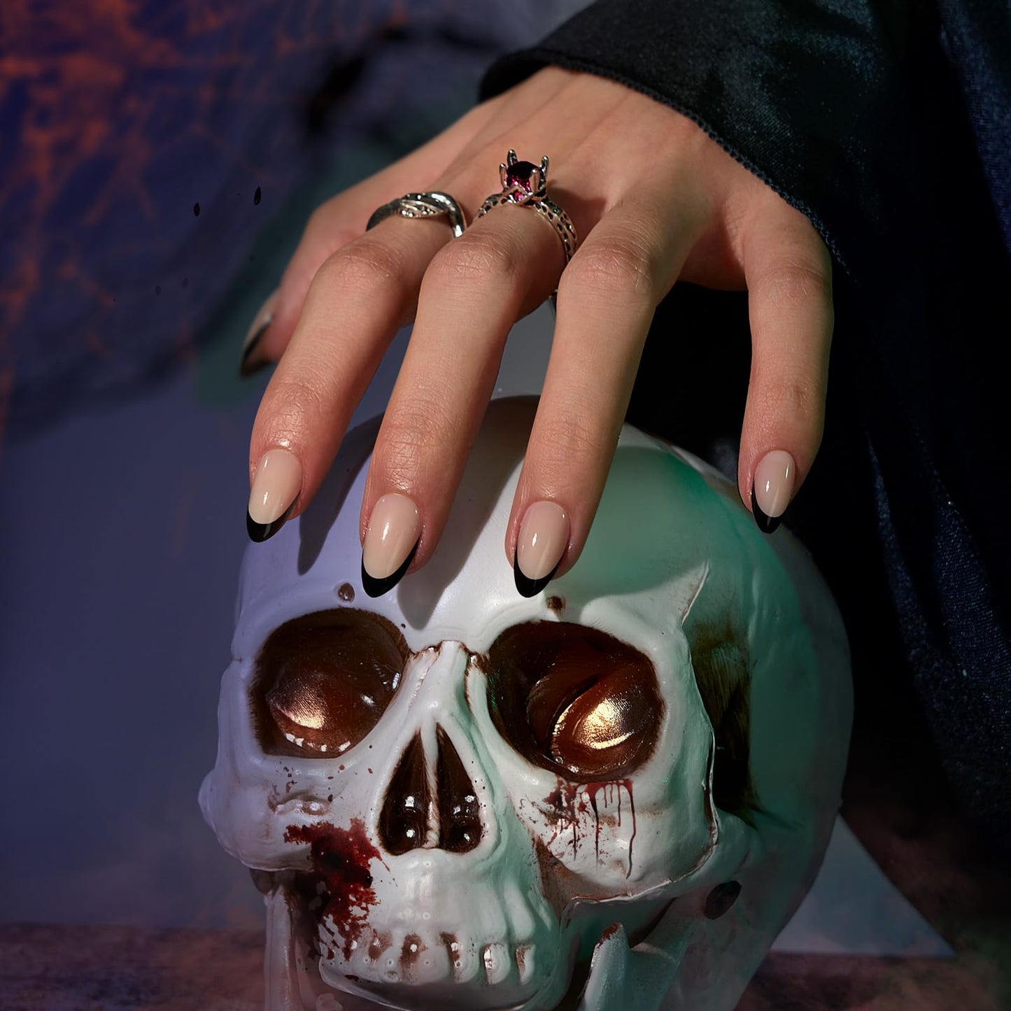 BTArtbox French Tip Press On Nails Almond - Black Press on Nails Short, Glue On Nails for Women Gift, Supremely Fit Natural Reusable Stick On Nails in 16 Sizes - 32 Fake Nails Kit, Black French