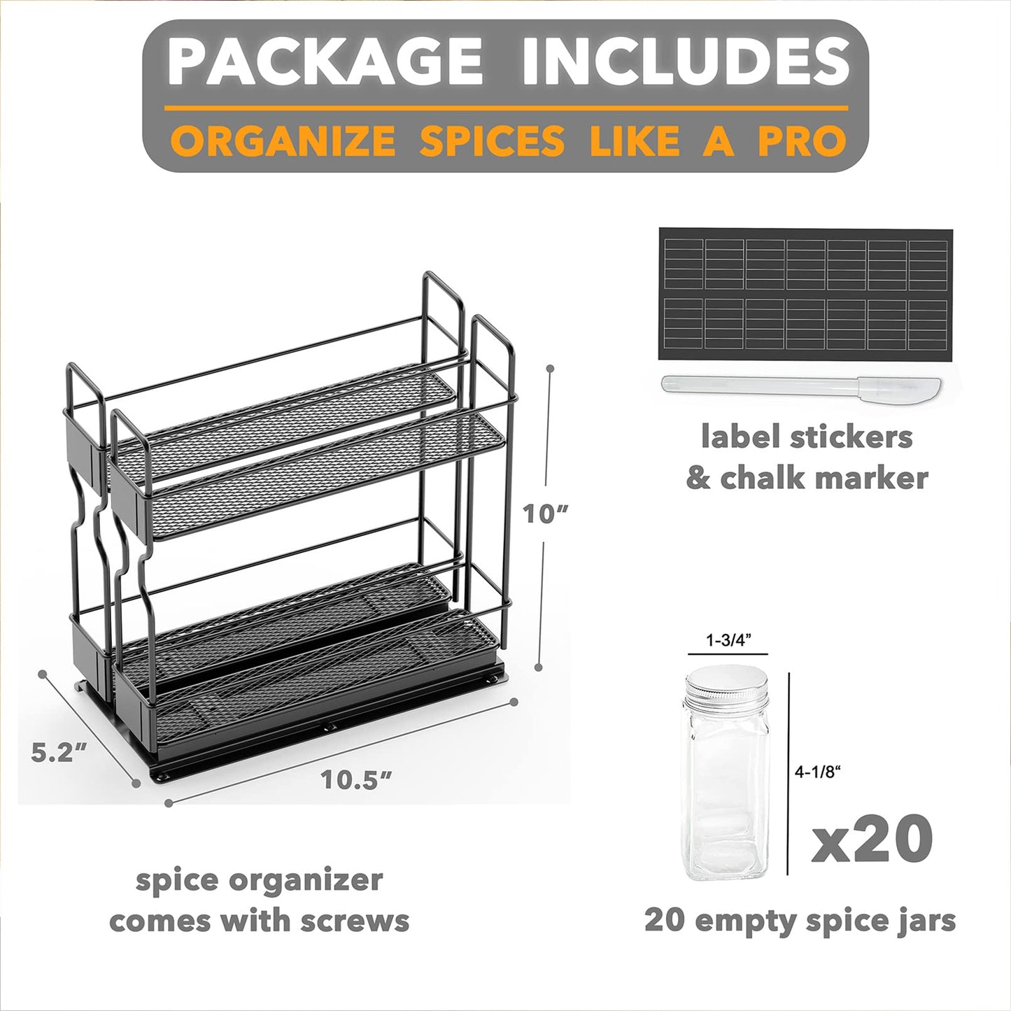SpaceAid Pull Out Spice Rack Organizer for Cabinet, Heavy Duty Slide Out Seasoning Kitchen Organizer, Cabinet Organizer, with Labels, 5.2" W x10.75 D x10 H, 2 Drawers 2-Tier
