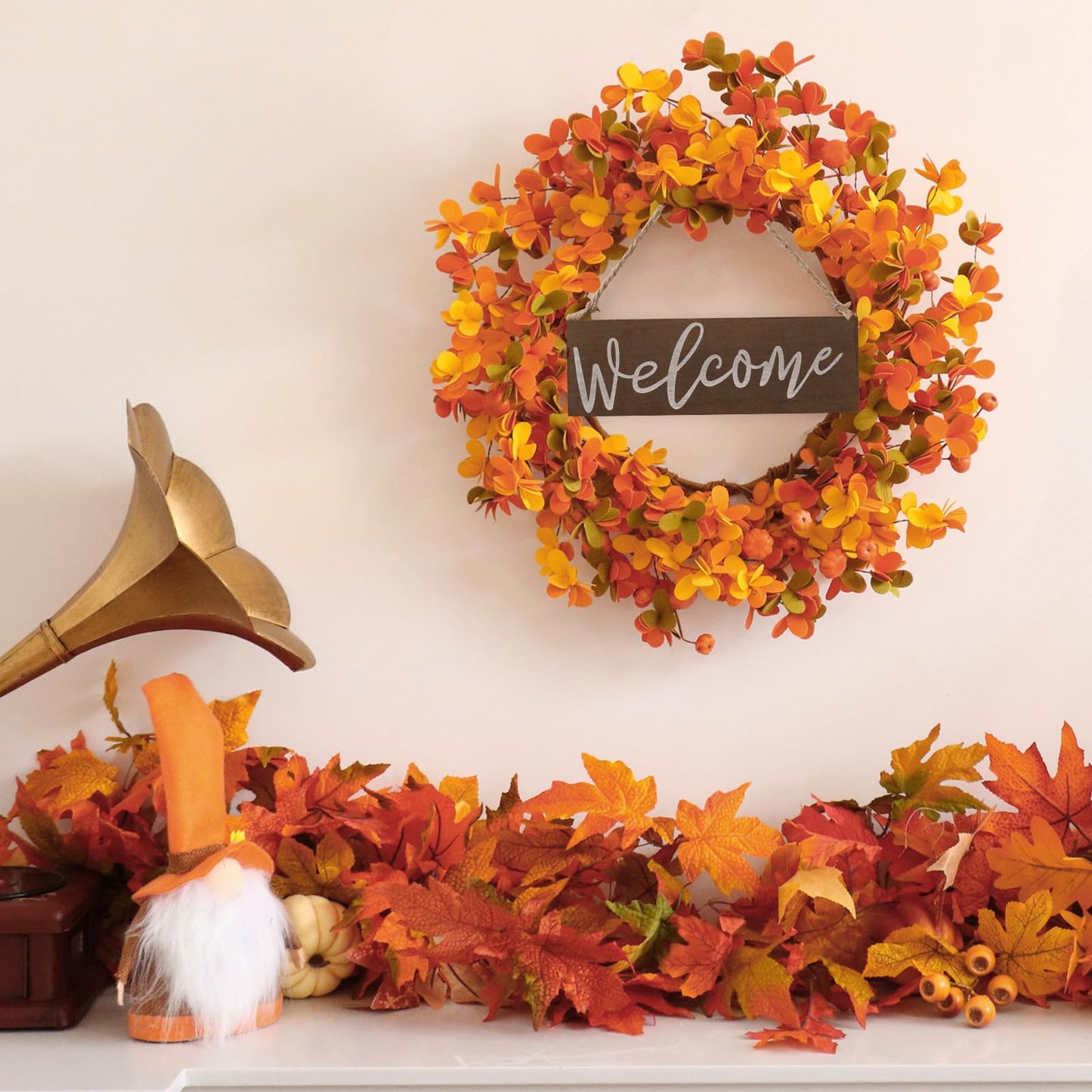 VioletEverGarden Fall Wreaths for Front Door 20 Inch Autumn Wreath Artificial Thanksgiving Wreath with Welcome Wooden Brand and Pumpkins for Indoor & Outdoor Farmhouse Harvest Celebration