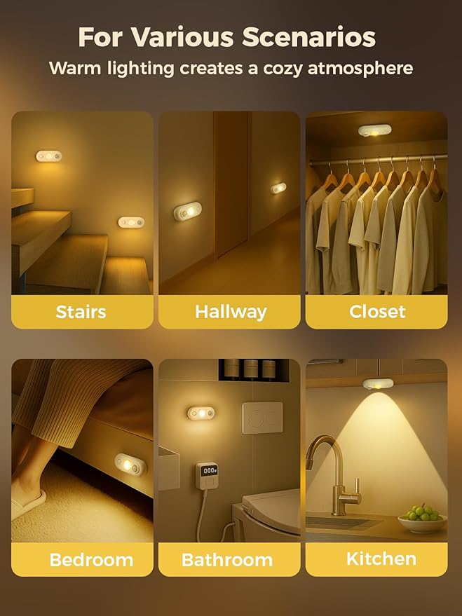 YGS-Tech LED Motion Sensor Light Indoor, Rechargeable Puck Lights, Magnetic Dimmable Under Cabinet Light, Wireless LED Lights for Closet, Kitchen, Stairs, Warm White, 6-Pack (White)