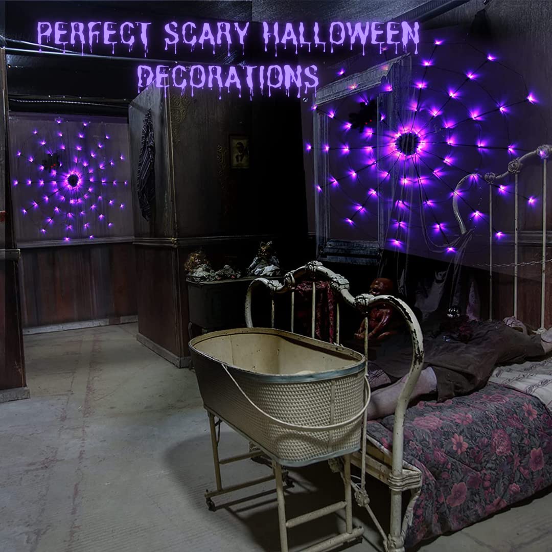 Halloween Decorations Spider Web Lights - 4FT Diameter 70 LEDs with Black Spider, Waterproof Net Lights, Remote Control, 8 Modes Cobweb Halloween Decorations for House Garden Indoor Outdoor (Purple)