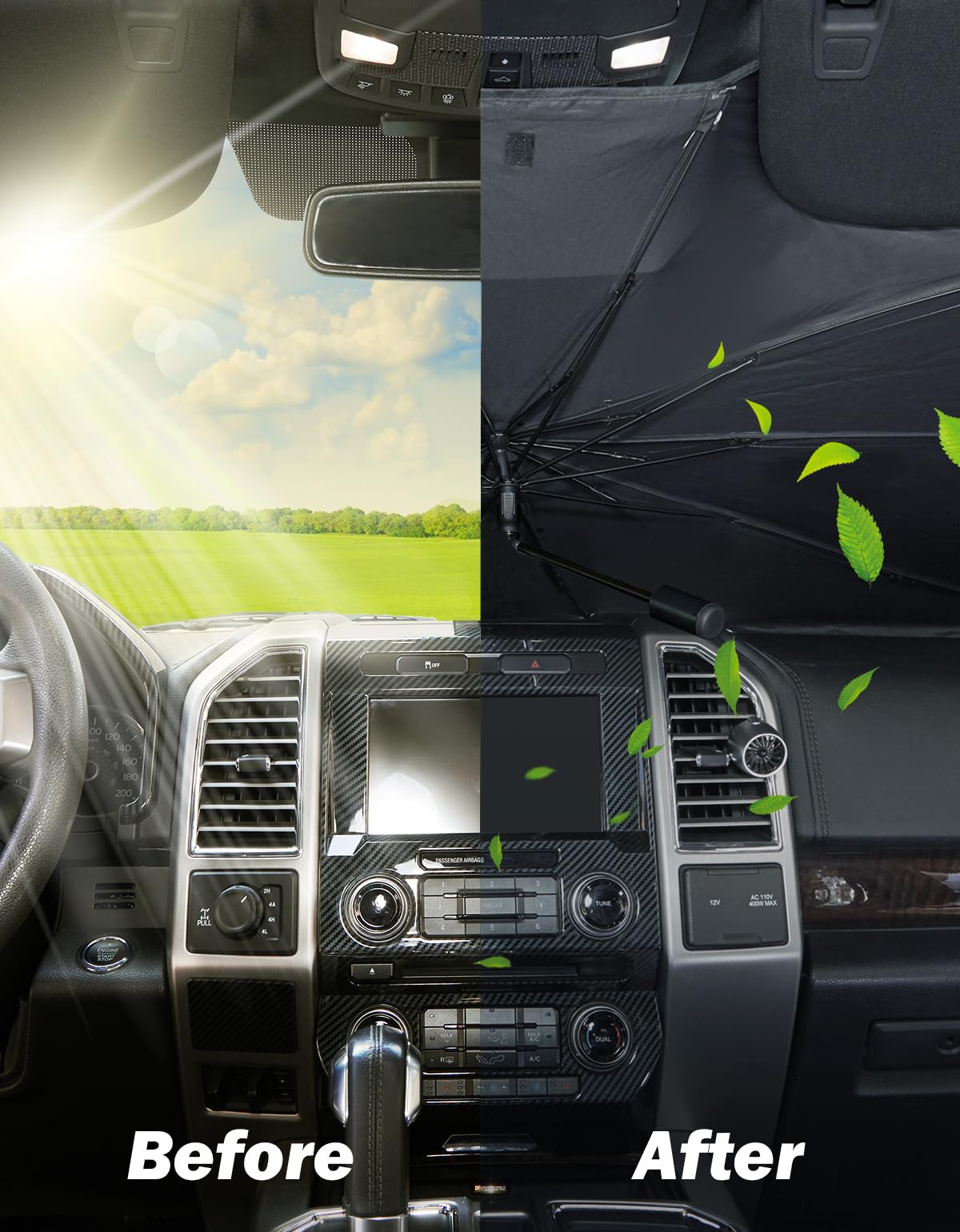 JOYTUTUS Windshield Sun Shade Umbrella, Fit for Ford 2015-2024 F150 F250 F350, with 360° Rotation Bendable Shaft, Titanium Silver Coating for UV Ray Block, Car Front Window Sun Shade Keep the Car Cool