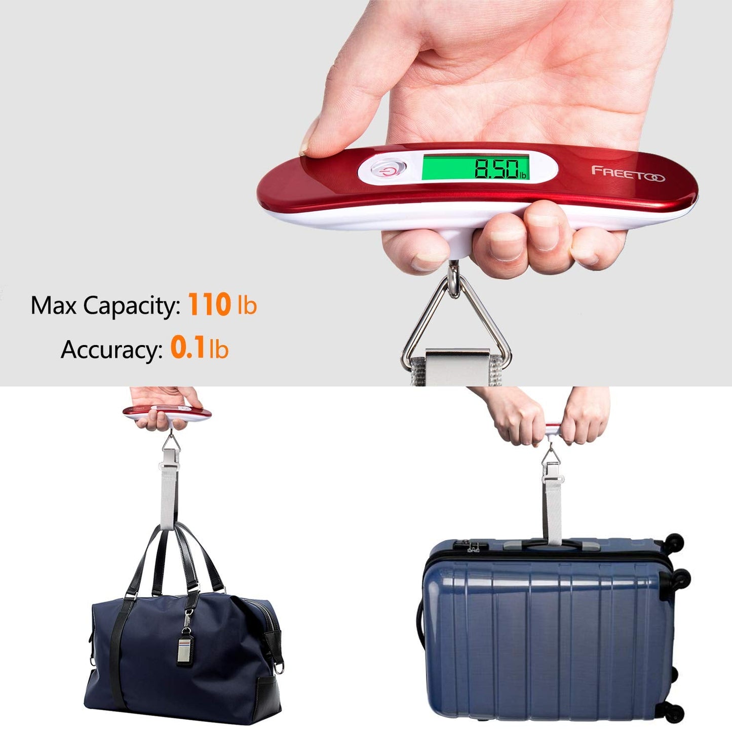 FREETOO Luggage Scale Portable Digital Hanging Scale for Travel, Suitcase Weight Scale with Superior Piano Lacquer 110 Lb/ 50Kg Capacity, Battery Included