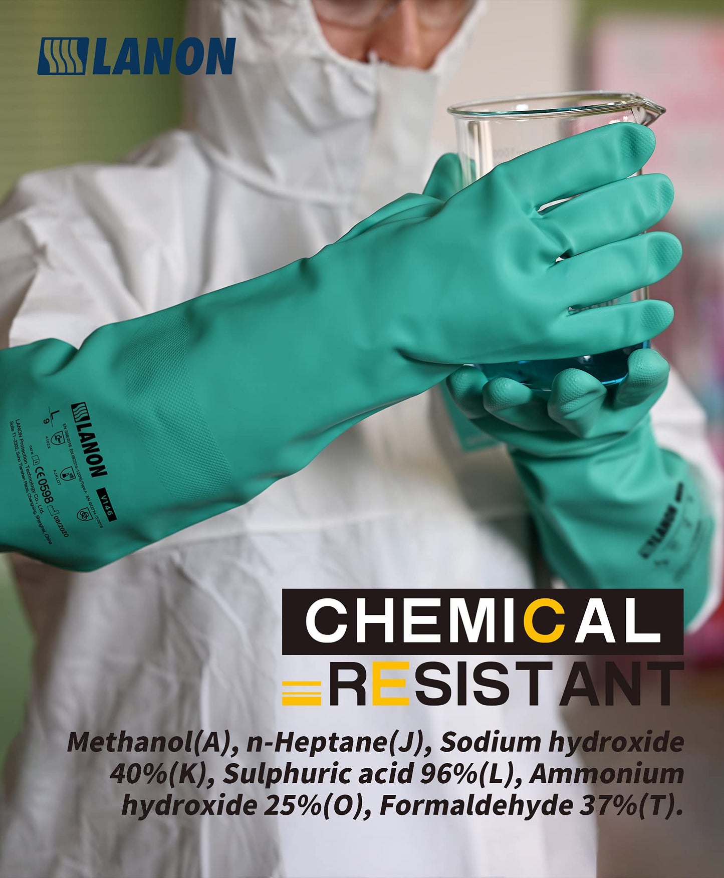 LANON Nitrile Chemical Resistant Gloves, Reusable Heavy Duty Safety Work Gloves, Acid, Alkali and Oil Protection, 18" Length, Non-Slip, X-Large