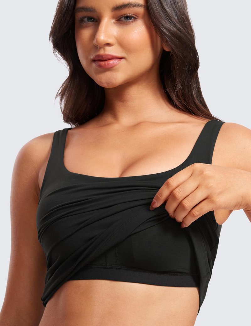 CRZ YOGA Butterluxe U Neck Tank Tops for Women - Padded Athletic Workout Camisole Crop Tops with Built in Bra Black Small