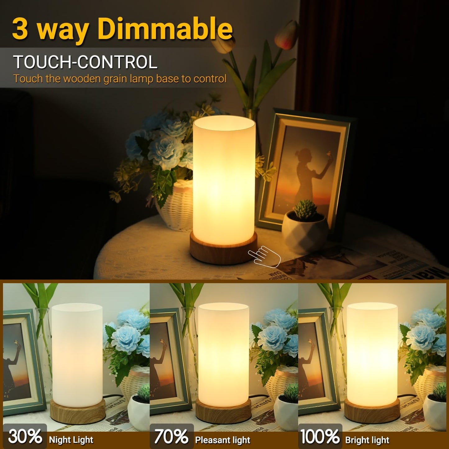 HSLighting Bedside Lamps, Touch Control Glass Table Lamp 3-Way Dimmable Wooden Grained Base Small Touch Lamps Bedside Minimalist Nightstand for Living Room Bedroom Children Room Decor with LED Bulb