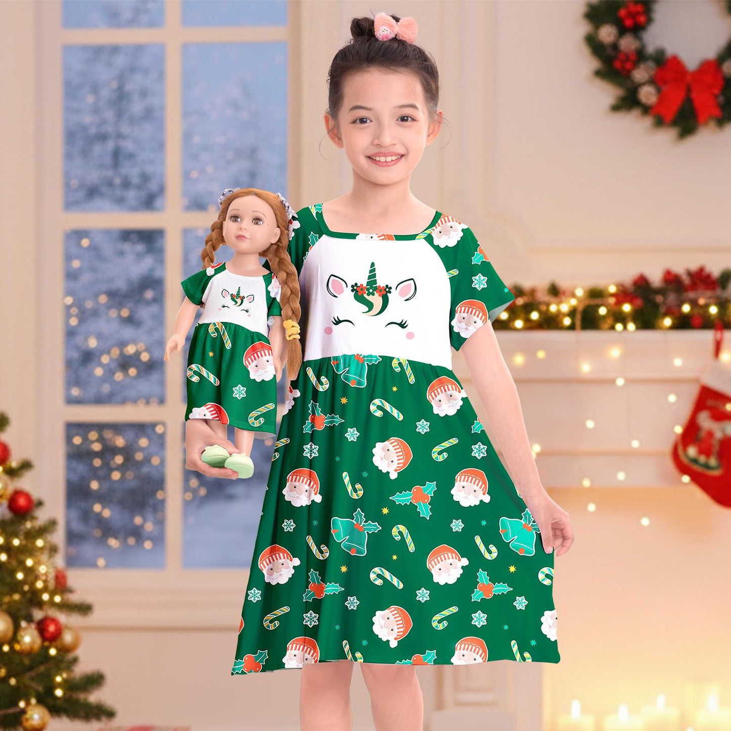 Play Tailor Doll and Girl Matching Nightgown Unicorn Outfit Pajamas Night Dress for Girls and 18" Dolls Clothes, Green, 6-7Y