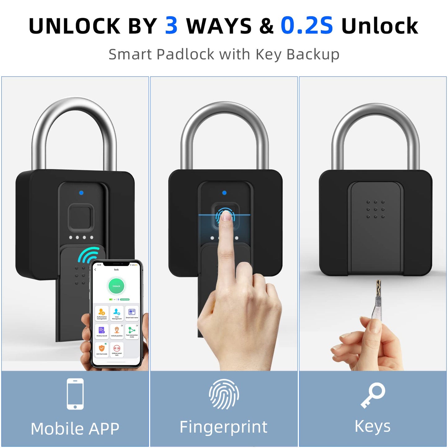 Fingerprint Padlock, Eseesmart Large Size Smart Padlock, Outdoor Waterproof Bluetooth Fingerprint Lock with Mobile APP and Keys, Suitable for Gates, Lockers, Fences, Gym