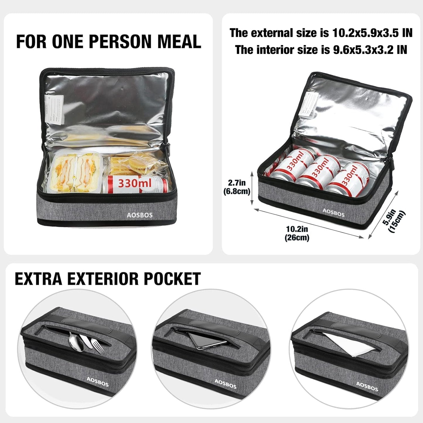 Aosbos Small Insulated Lunch Bag - Compact Lunch Box for Portion Control, Work & Office, Grey