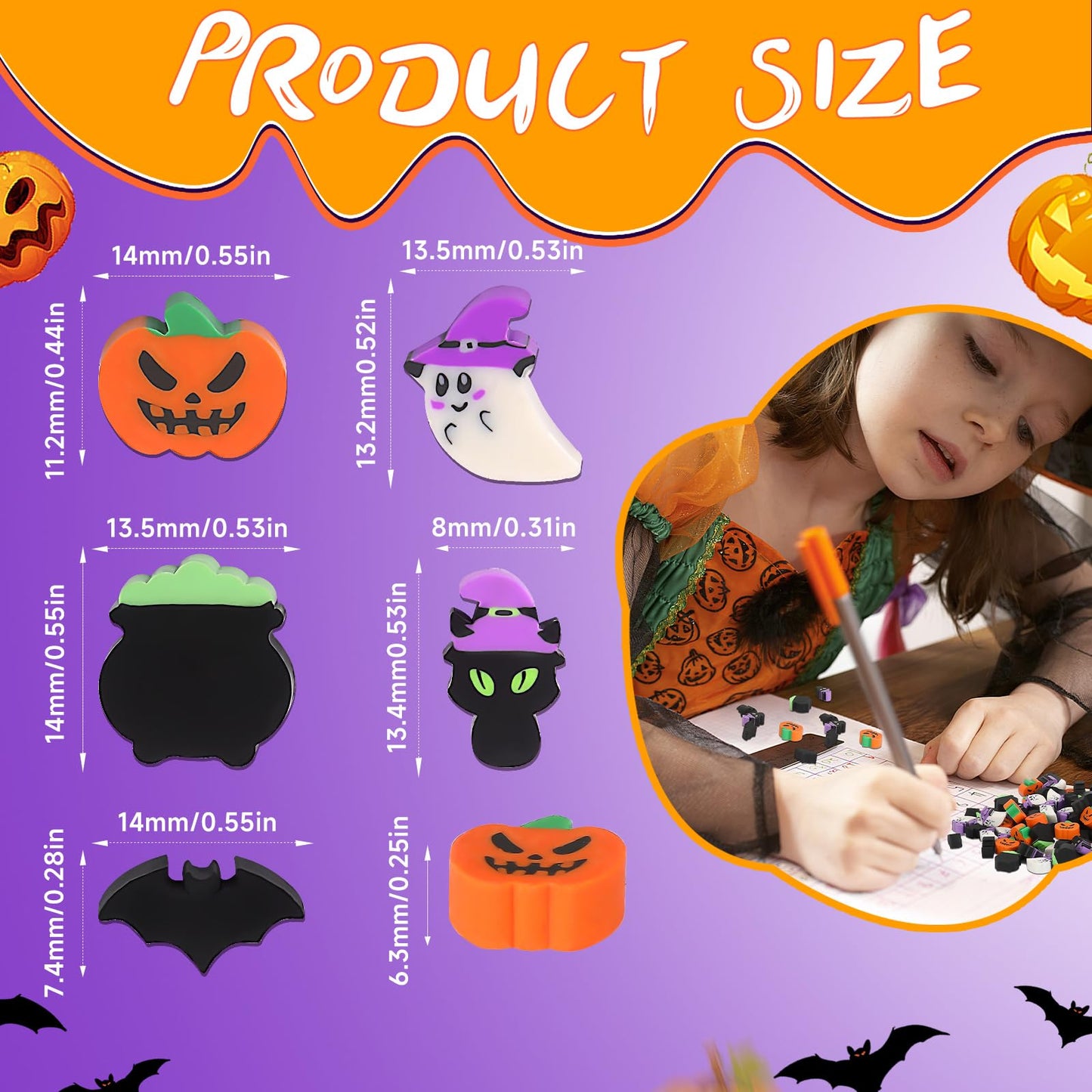 JUNEBRUSHS 150 Pcs Halloween Mini Erasers for Kids, Cute Small Erasers Bulk for Kids Trick or Treat Halloween Party Favors Goody Bag Filler Students School Decorations Classroom Rewards Prizes