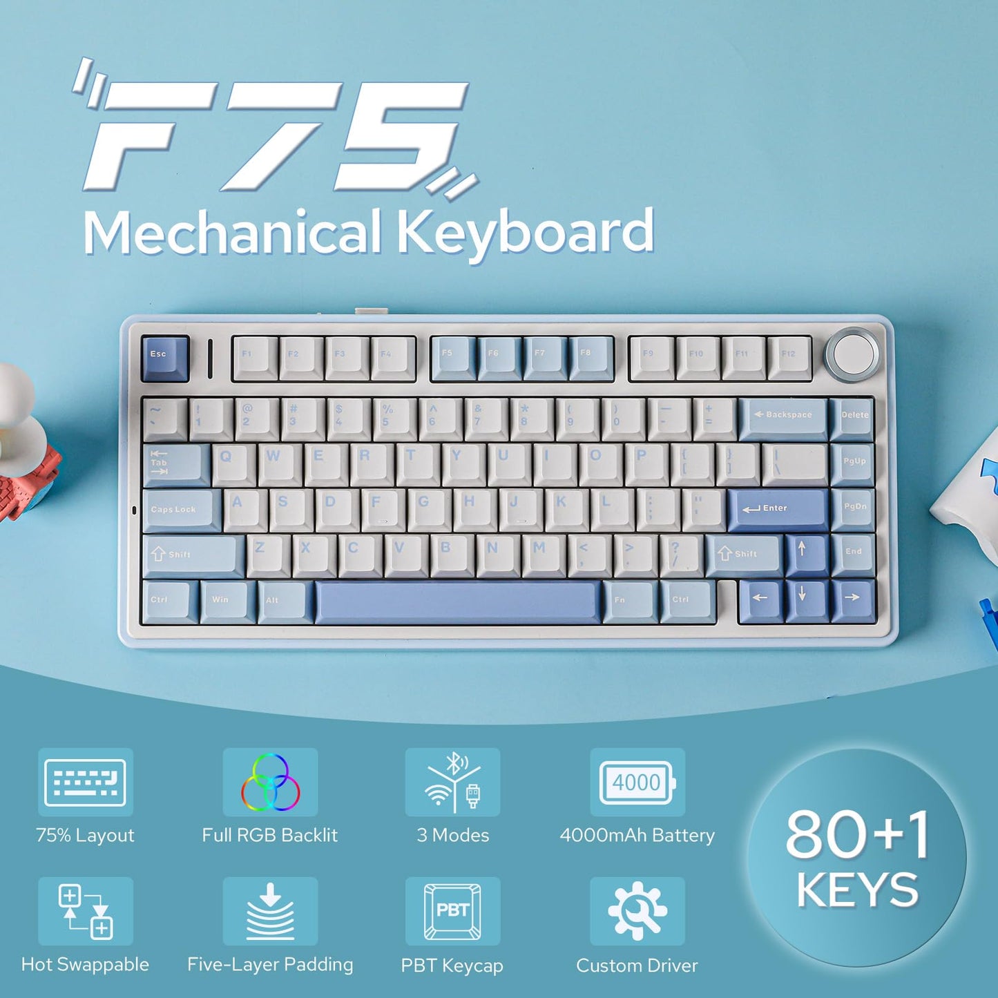 EPOMAKER AULA F75 Wireless Mechanical Gaming Keyboard, 75% Layout with Knob, Creamy Gasekt-Mount with Sound-Dampening, RGB, Hot-Swap, Bluetooth/2.4Ghz (Sea Salt Blue, Ice Vein Switch)