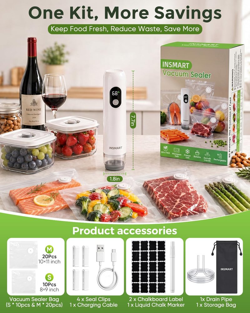 INSMART Compact Vacuum Sealer for Food (Vacuum Sealer Machine + 30 Reusable Vacuum Bags), Powerful Handheld Vacuum Sealer Machine with Visible Water Tank, LED Display & Portable