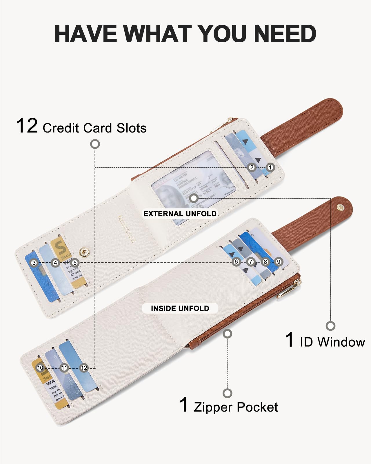BOSTANTEN Slim Wallet Women RFID Blocking Card Holder Leather Bifold Wallet with Zipper Pocket Beige&Brown