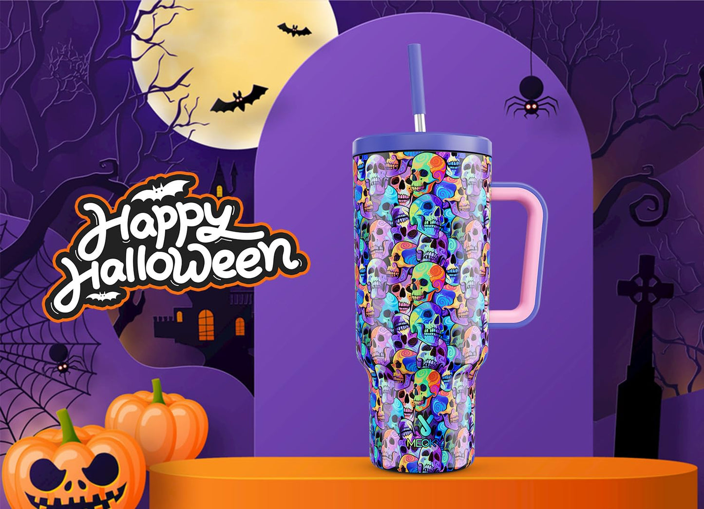 Meoky 40 oz Halloween Tumbler with Handle and Straw, Tumbler with Lid and Straw, Insulated Stainless Steel Travel Mug, 100% Leak-proof, Keeps Cold for 34 Hours or Hot for 10 Hours (Purple Skull)