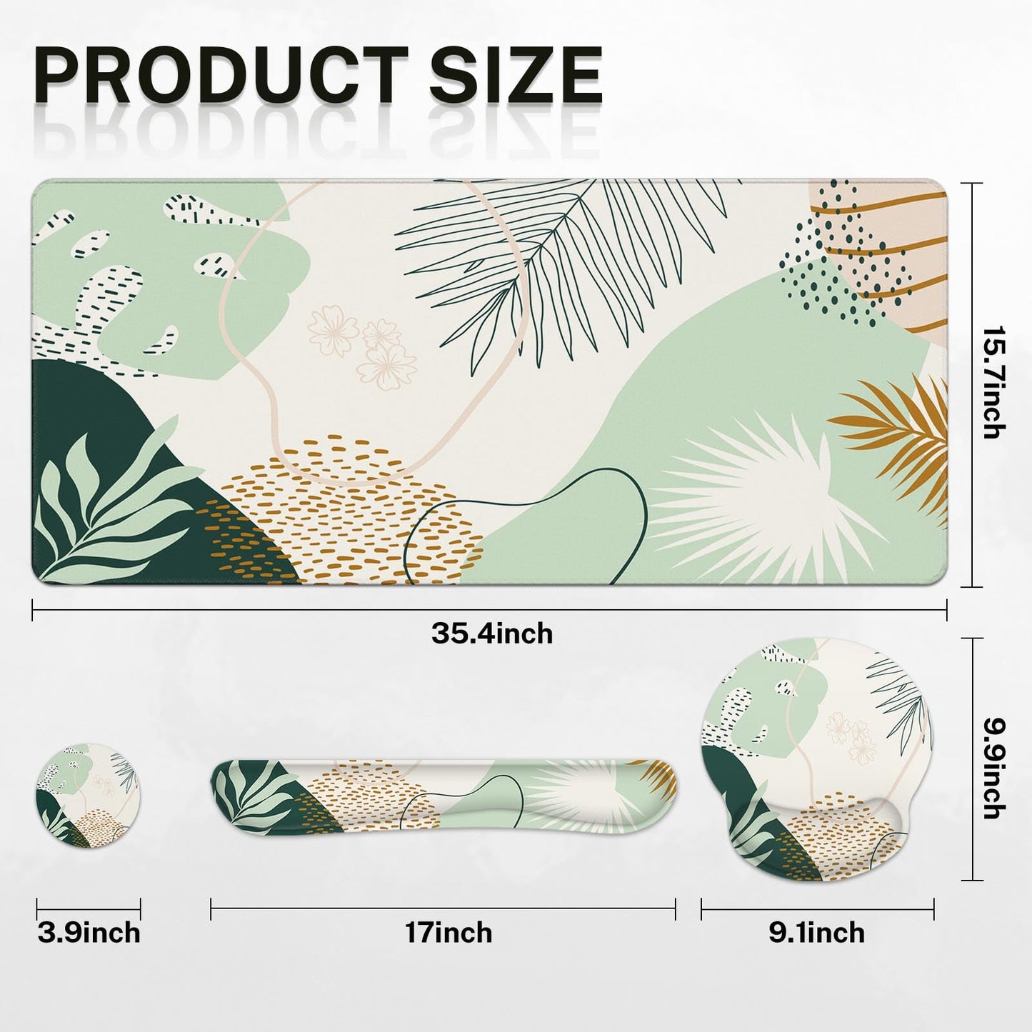 Britimes Keyboard Mouse Pad Set 4in1 Large Mousepad+Keyboard Wrist Rest+Mouse Wrist Rest+Coaster Set with Ergonomic Design for Home Office Computer 35.4x15.7Inches (Green Boho Leaves)