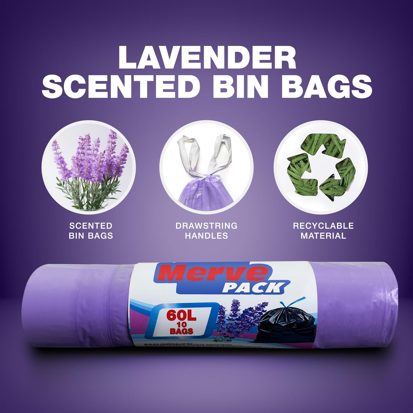 60L Lavender Scented Bin Bags, Waste Bags, Set 3 Rolls Counts 30 bags, Bin Liners with Drawstrings Trash Bags for Kitchen, Office, and Bathroom Bin Liners