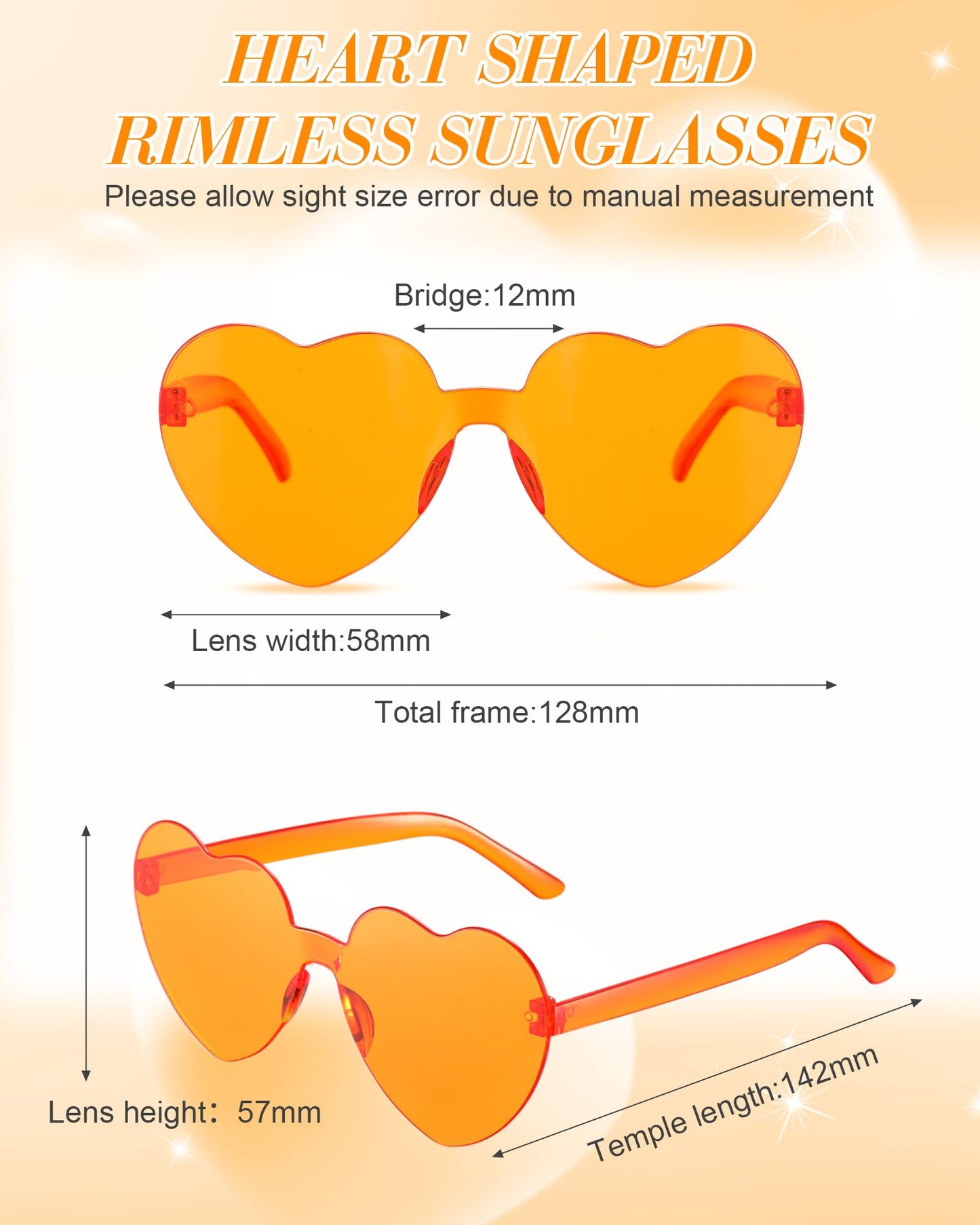 Flutesan 30 Pairs Heart Shaped Sunglasses Bulk Spider Halloween Party Rimless Heart Sunglasses Candy Color for Women Men(Orange Color)