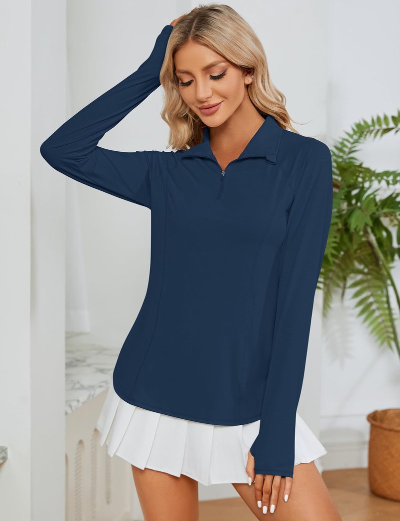 LOMON Women Long Sleeve Shirts Sun Protection 1/4 Zip Summer Quick Dry Hiking Shirts Hiking Shirts Women Quick Dry(Navy Blue,M)