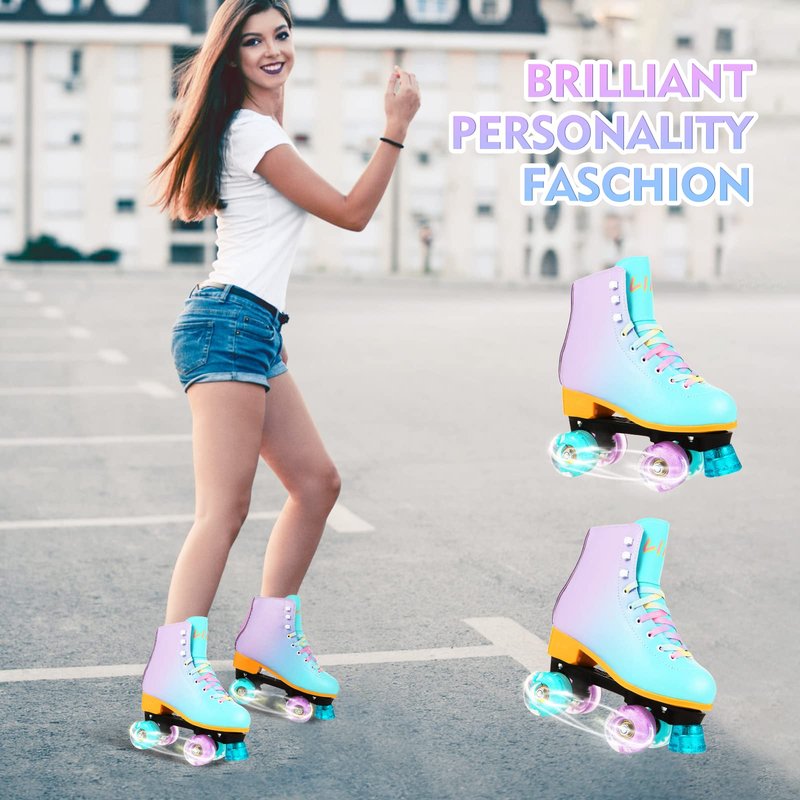 LIKU Quad Roller Skates for Girl and Women with All Wheel Light Up,Indoor/Outdoor Lace-Up Fun Illuminating Roller Skate for Kid (Purple, 1-2)