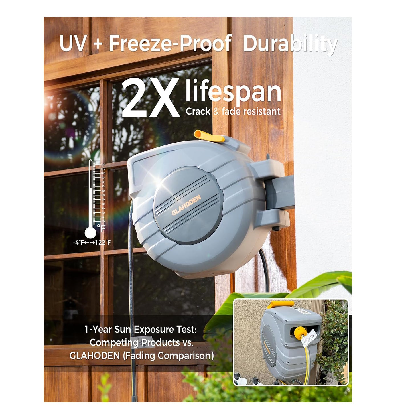 GLAHODEN Retractable Garden Hose Reel 5/8 in x 100 ft Upgraded UV Resistant Heavy Duty Automatic Hose Reel Wall Mount 3/4 in Brass Fitting 9 Pattern Nozzle Any Length Lock Slow Retraction 180° Swivel