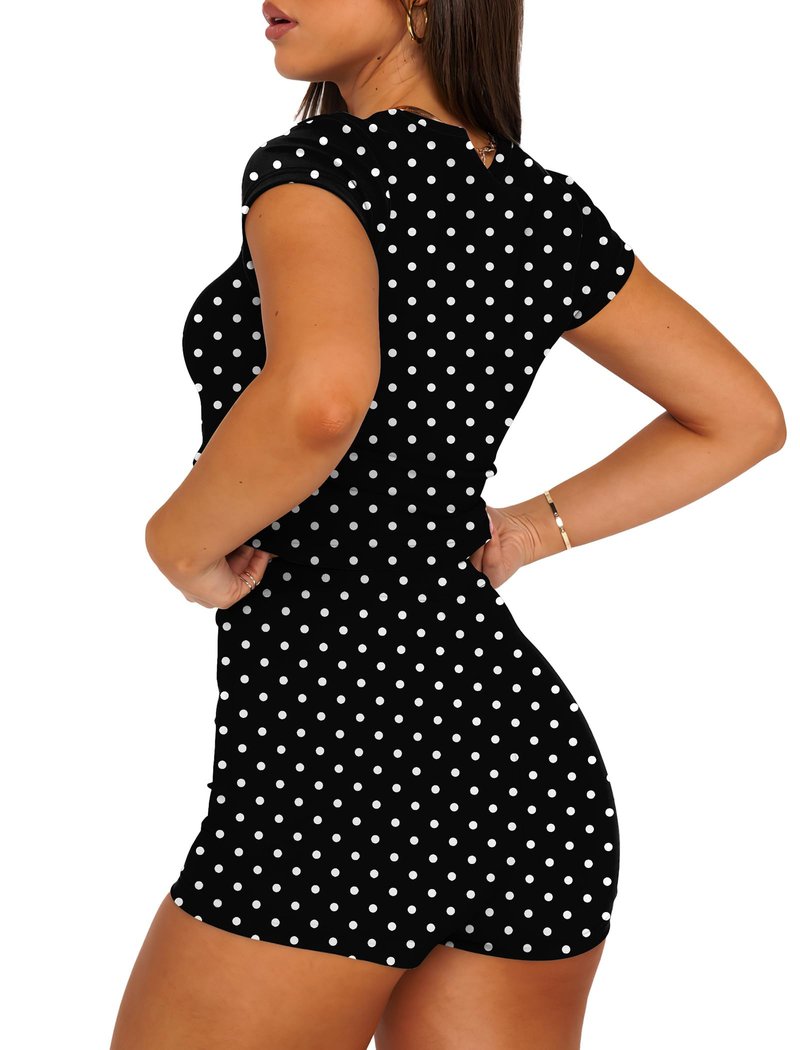 Sampeel 2 Piece Short Sleeve Casual Spring Summer Tops and Biker Shorts Sets Tight Workout Gym Pilates Outfits Athletic Matching Sets Athleisure Lounge Sets Trendy Polka Dot Set L