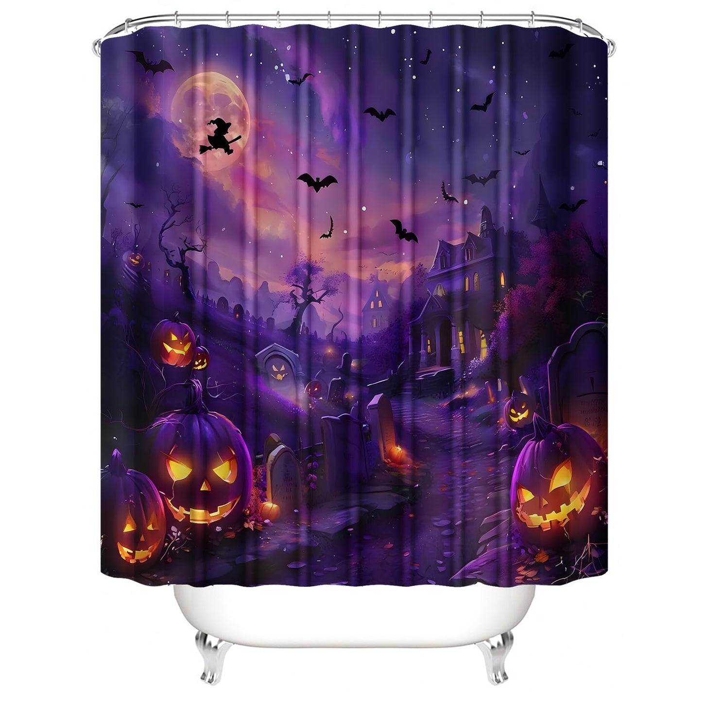 AZHM Halloween Shower Curtain, Castle Pumpkin Party Theme Shower Curtain with Rug, Witch Bat Graveyard Scary Bathroom Decor Set