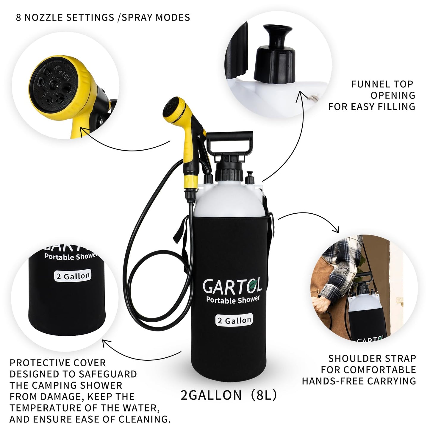 Gartol 2 Gallon Portable Shower with Handheld Showerhead, Silicone Bath Massage Brush, and Thermal Insulation Bag, High-Pressure Camping, Surf, Dog Shower Sprayer