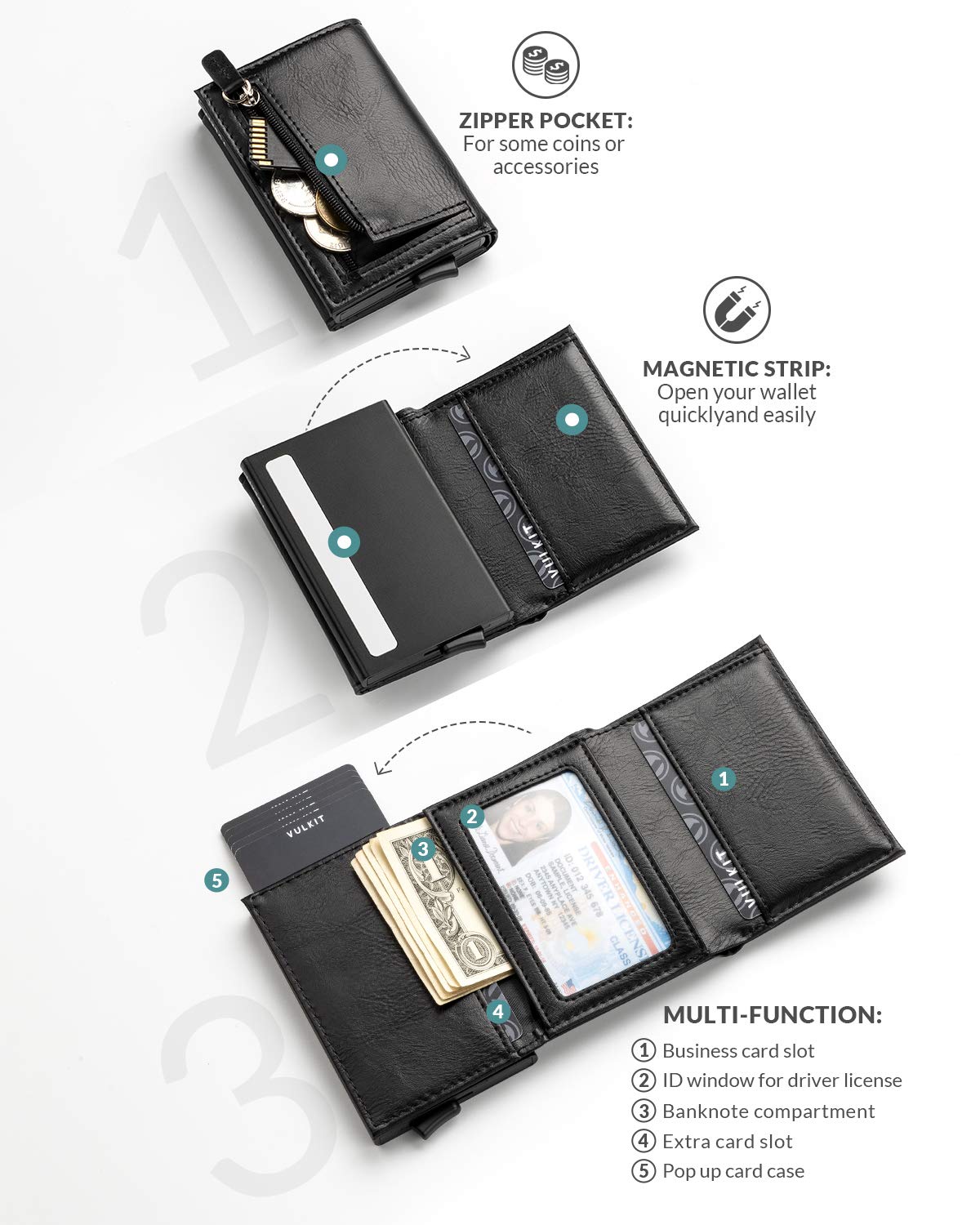 VULKIT Credit Card Holder RFID Blocking Leather Bifold Mens Wallet Automatic Pop Up with Banknote Compartment (Origin Black)