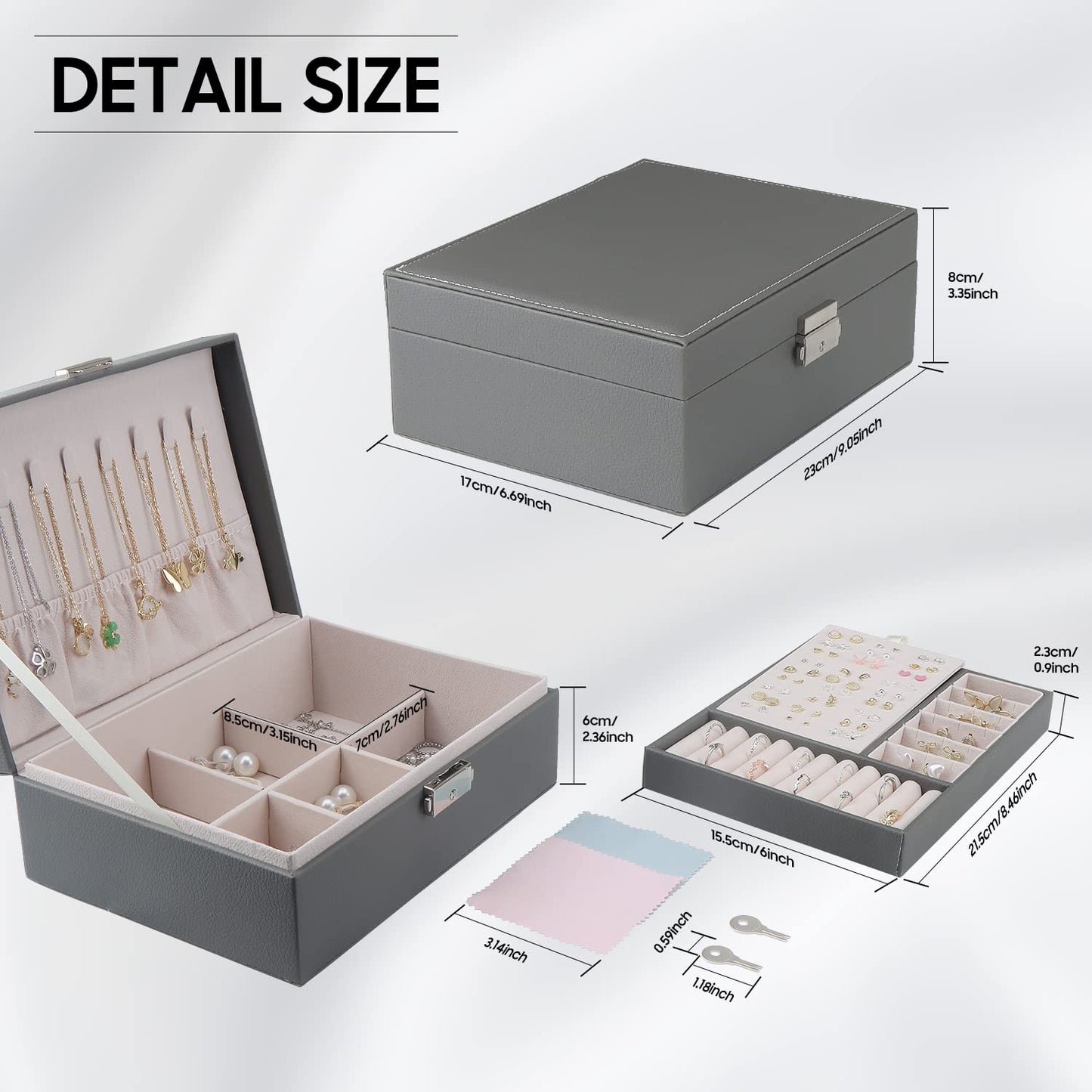 TEIVUL Jewellery Box,2 Layer Jewelry Organizer with 2 Keys and Cleaning Cloth PU Leather Jewellery Box Organizer,for Necklace Earrings Bracelet Ring Accessories,Jewellery Boxes for Women Girls