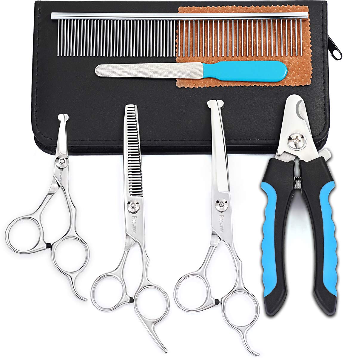Freewindo Dog Grooming Scissors Kit, Safety Round Tip, Heavy Duty Stainless Steel Dog Scissors and Nail Clippers, 6 in 1 Dog Grooming Kit