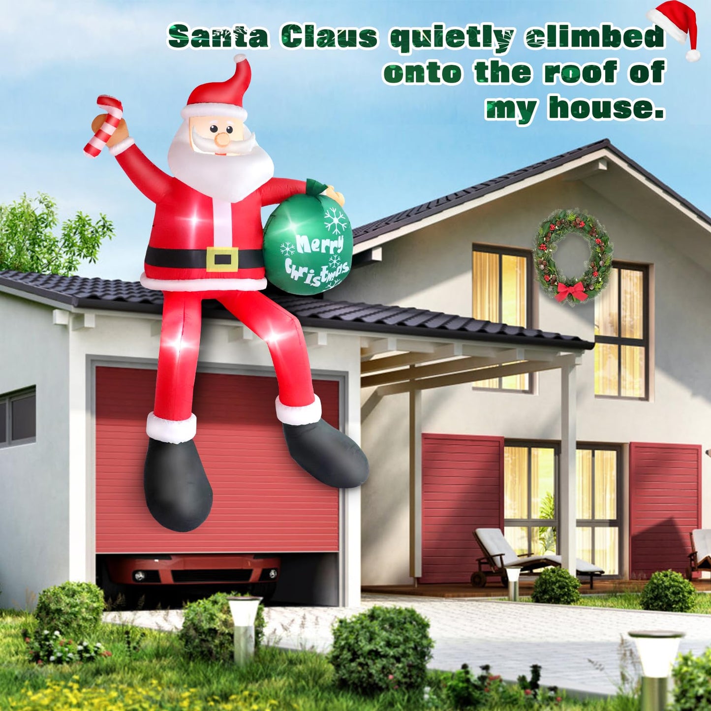 8FT Inflatable Sitting Santa Claus Christmas Outdoor Decorations, Blow Up Santa Claus with Gift Bag Sitting on Roof Wall Tree Chair, Xmas Outdoor/Indoor Decorations for Street House Patio Bench Shrubs