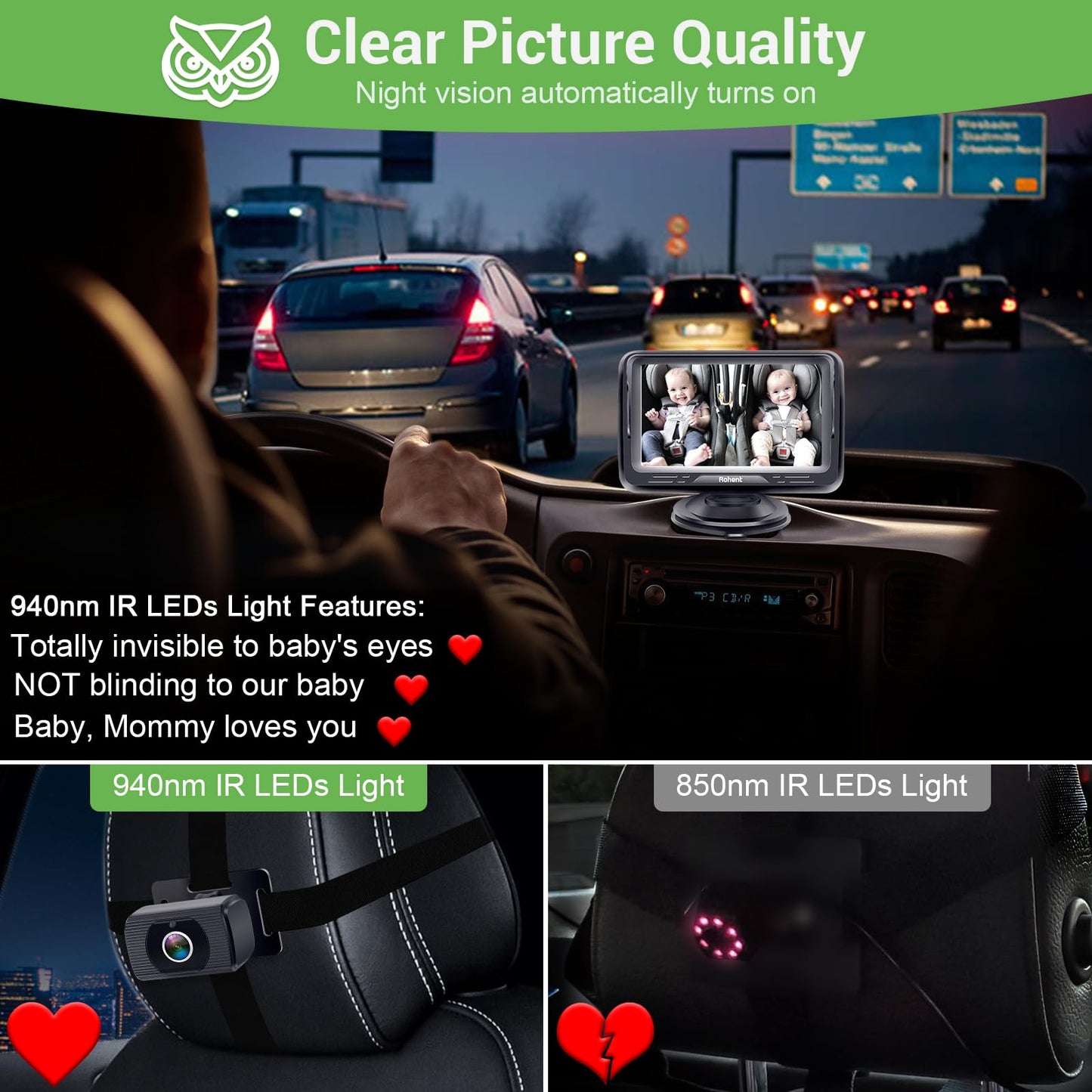 Baby Car Camera HD 1080P Baby Car Mirror 5 Mins Easy Installation Crystal Night Vision Infant Travel Safety Kit Rohent N06, Black, 4.3 Inch Screen