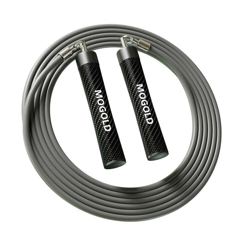 MOGOLD 1LB Weighted Jump Ropes for Fitness Men/Women with Heavy-Duty PVC Wire Cable & Durable Leather Skipping Rope Handles, Best for Fitness, High-Intensity Strength Workouts (Grey, XL - 9'6(User Height 6'0 +))
