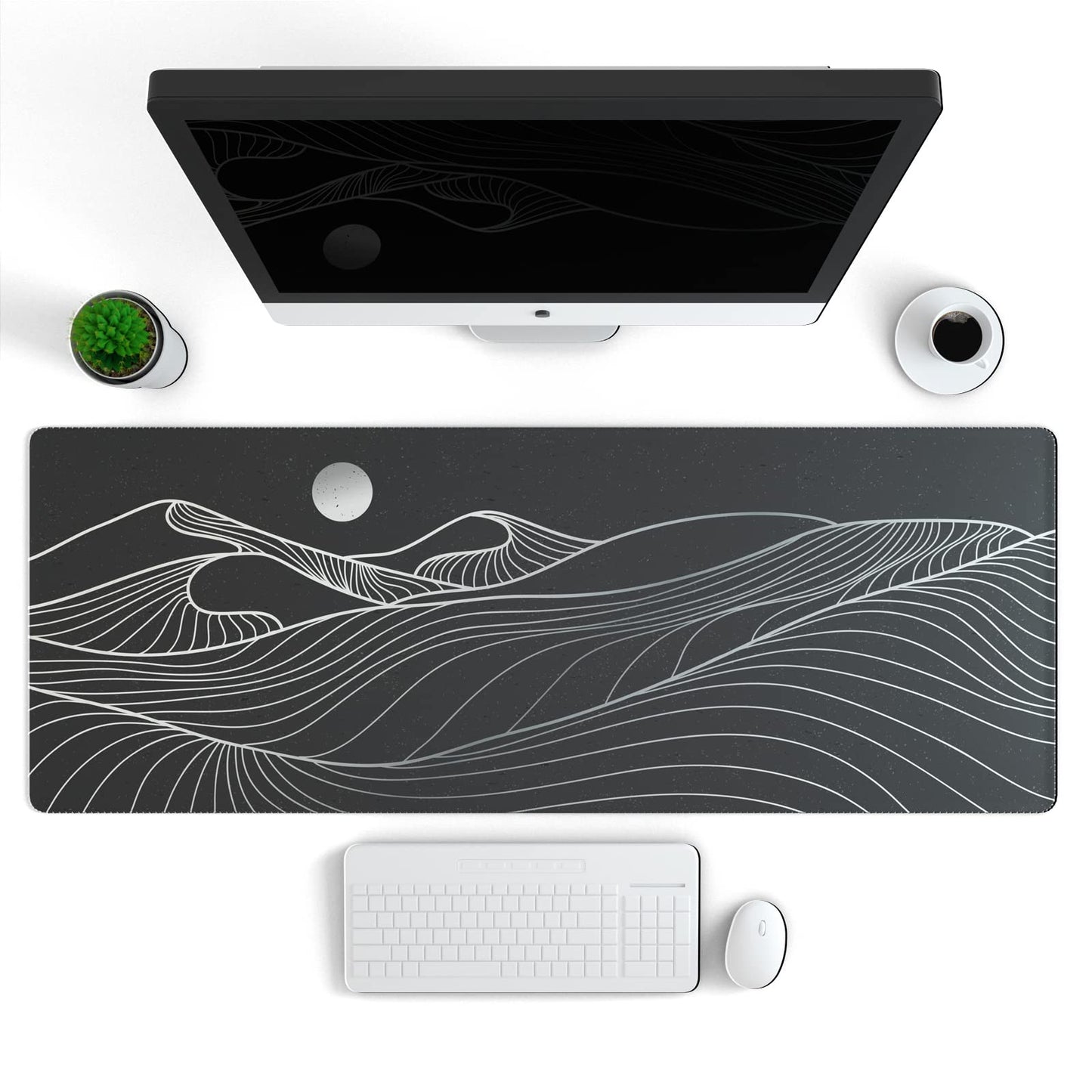 Ovenbird Large Gaming Mouse Pad with Stitched Edges, Minimalist Mountains Desk Mat, Extended XL Mousepad with Anti-Slip Base, Cute Desk Pad for Keyboard and Mouse, 31.5 x 11.8 in, Black and White