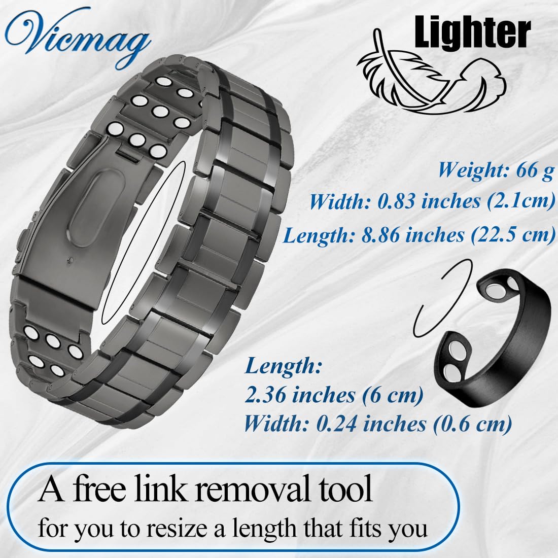 Vicmag 3X Magnetic Bracelet for Men Pure Titanium Bracelet 3500 Gauss Ultra Strength Magnets Adjustable Wristband with Adjustment Tool & Gift Box (Pure Titanium Grey)