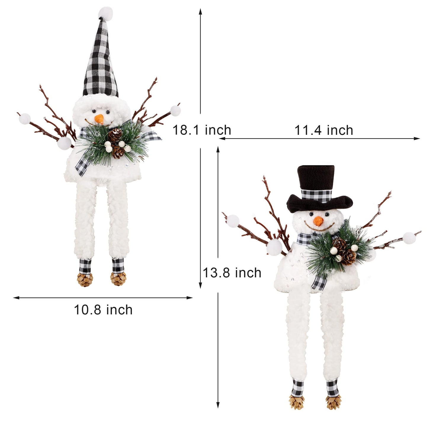 Lulu Home Christmas Snowman Decorations, Set of 2 Plush Shelf Sitters with Dangling Legs, Buffalo Checked Christmas Snowman Ornaments for Table Mantel Desk Fireplace Home Holiday Decor