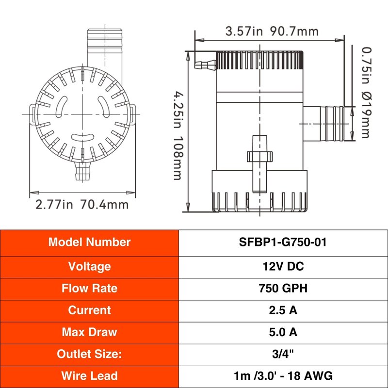 SEAFLO 01 Series 750 GPH Bilge Pump – 12V, 3/4" Outlet, Marine Submersible Pump with Anti-Airlock Protection, CE & Rohs Certified, 4-Year Warranty | Reliable for Boats and Marine Applications