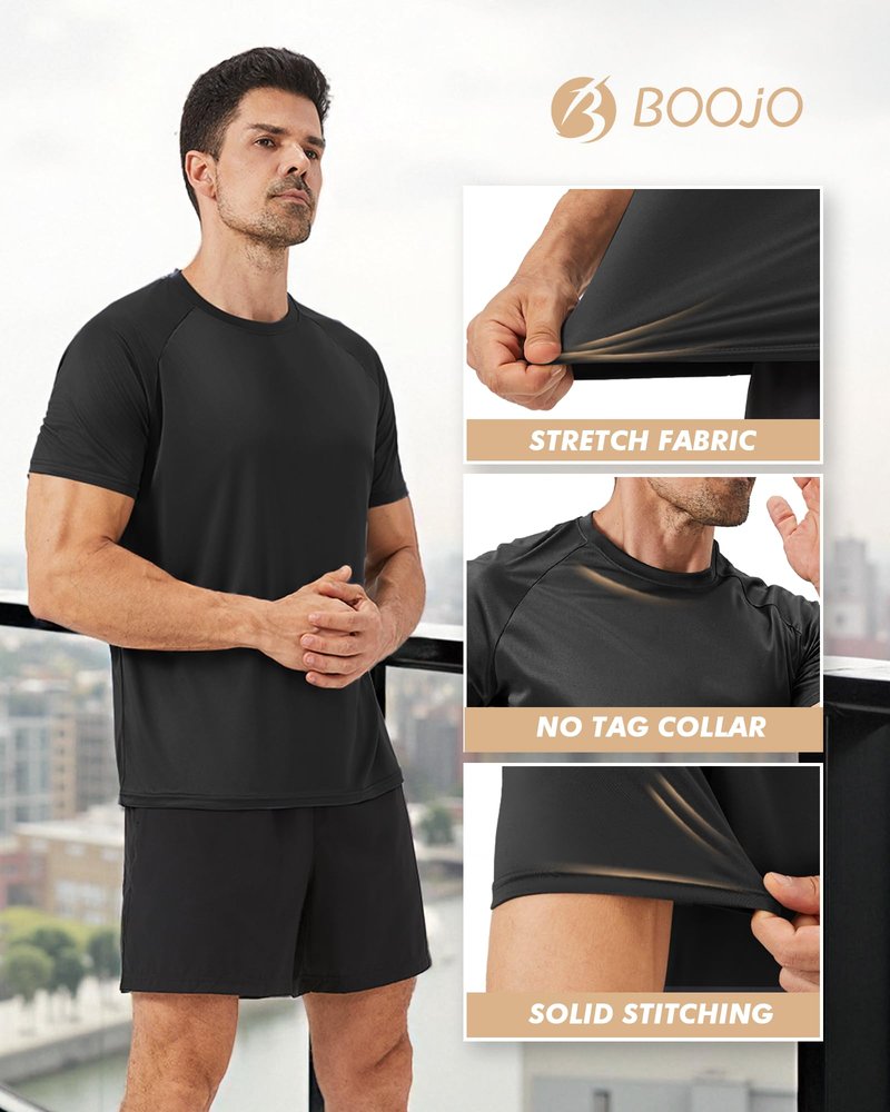 BOOJO Workout Mens Shirts - Casual Black Quick Dry Moisture Wicking T-Shirts Crew Neck Short Sleeve for Gym Athletic Running