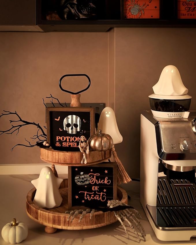 Light Up Ghost Halloween Decor, 5" Cute Halloween Decorations Indoor, 3PCS LED Ceramic Ghost for Halloween Table, Desk, Tray, Shelf, Bedroom Decor, White Spooky Decorative Ghosts Figurines