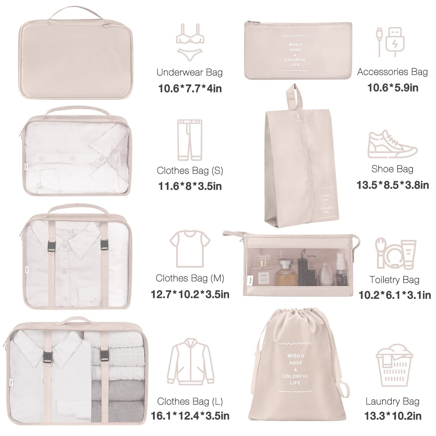 8 Set Packing Cubes for Suitcases, Packing Cube for Shoes, Cosmetics, Clothing and Accessories, Packing Cubes for Travel Luggage Organizer Women Men(Beige)