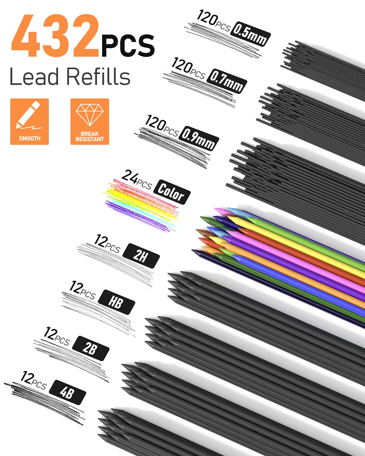 Four Candies 25PCS Art Mechanical Pencil Set with Case, 3PCS Metal Artist Lead Pencil 0.5, 0.7, 0.9 mm & 3PCS 2mm Holder (HB 2H 2B 4B Color) with 432PCS Graphite Lead Refills for Drawing Sketching