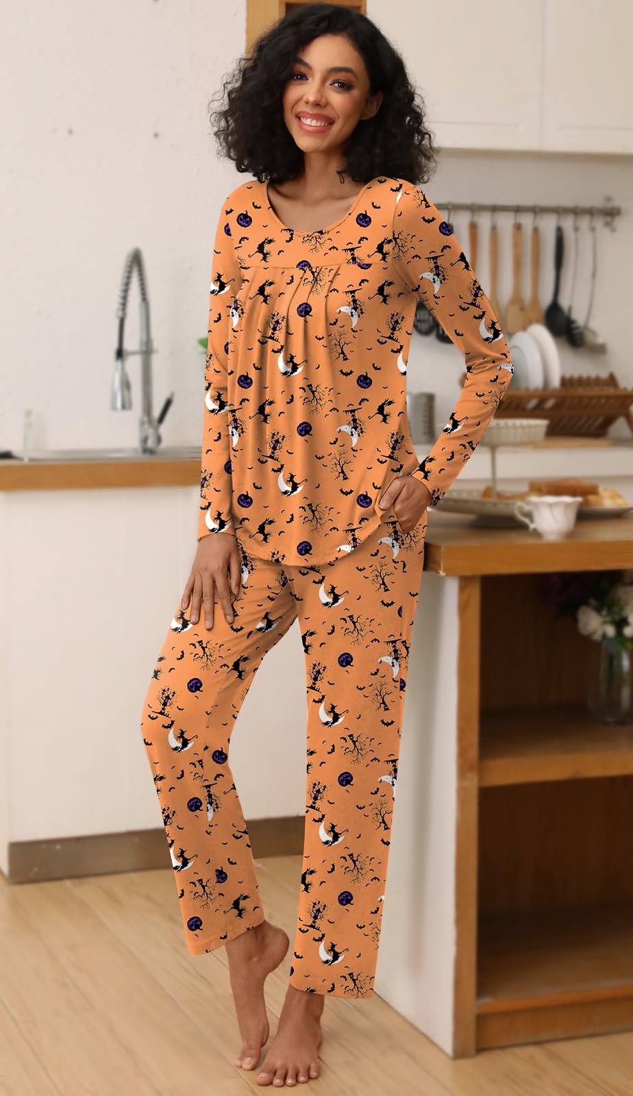 Findsweet Women's Pajama Set 2 Piece Lounge Outfits Soft Sleepwear Fall Long Sleeve Long Pant With Pockets Ladies Pjs M, Halloween Orange