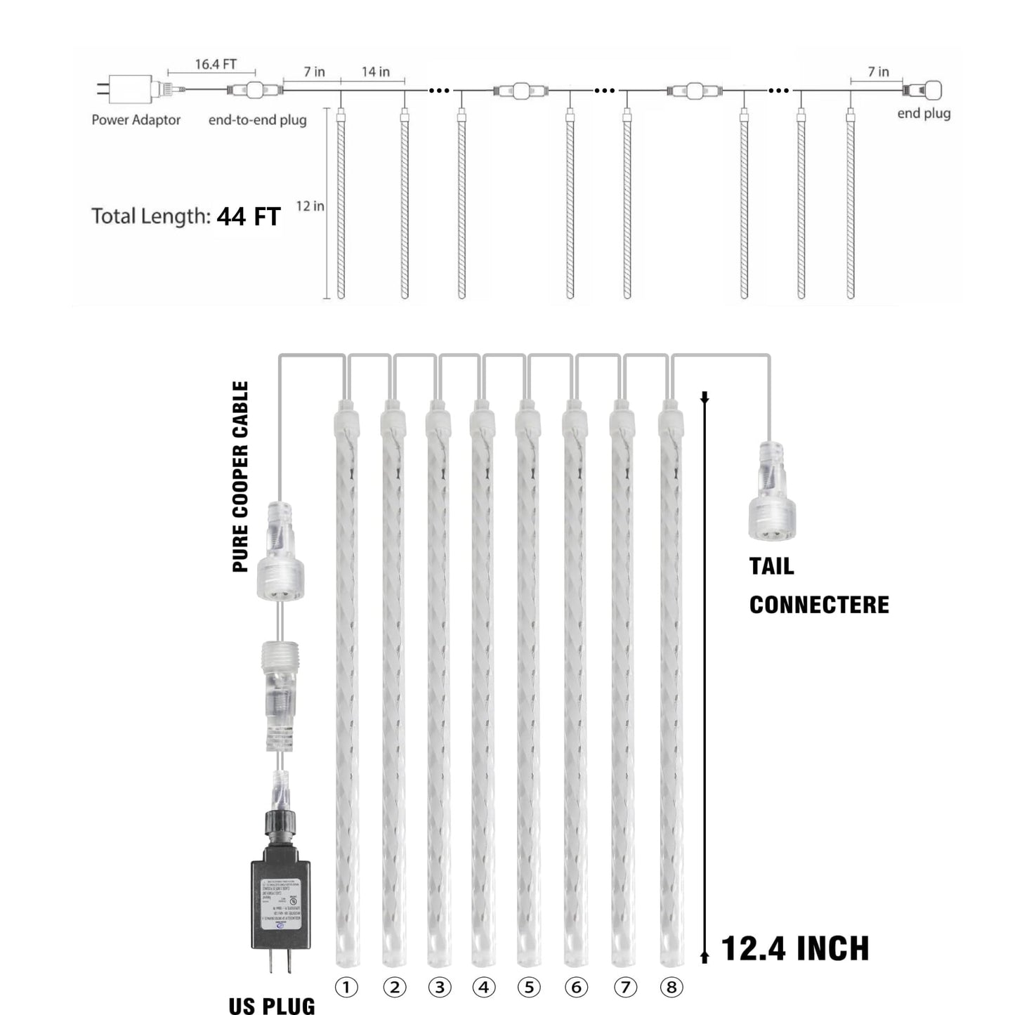 TW SHINE Christmas Meteor Shower Lights Outdoor, 864 LED 12" 24 Tubes Waterproof Christmas Lights Outdoor Plug in, Snow Falling Rain Icicle Xmas Light Decorations, White