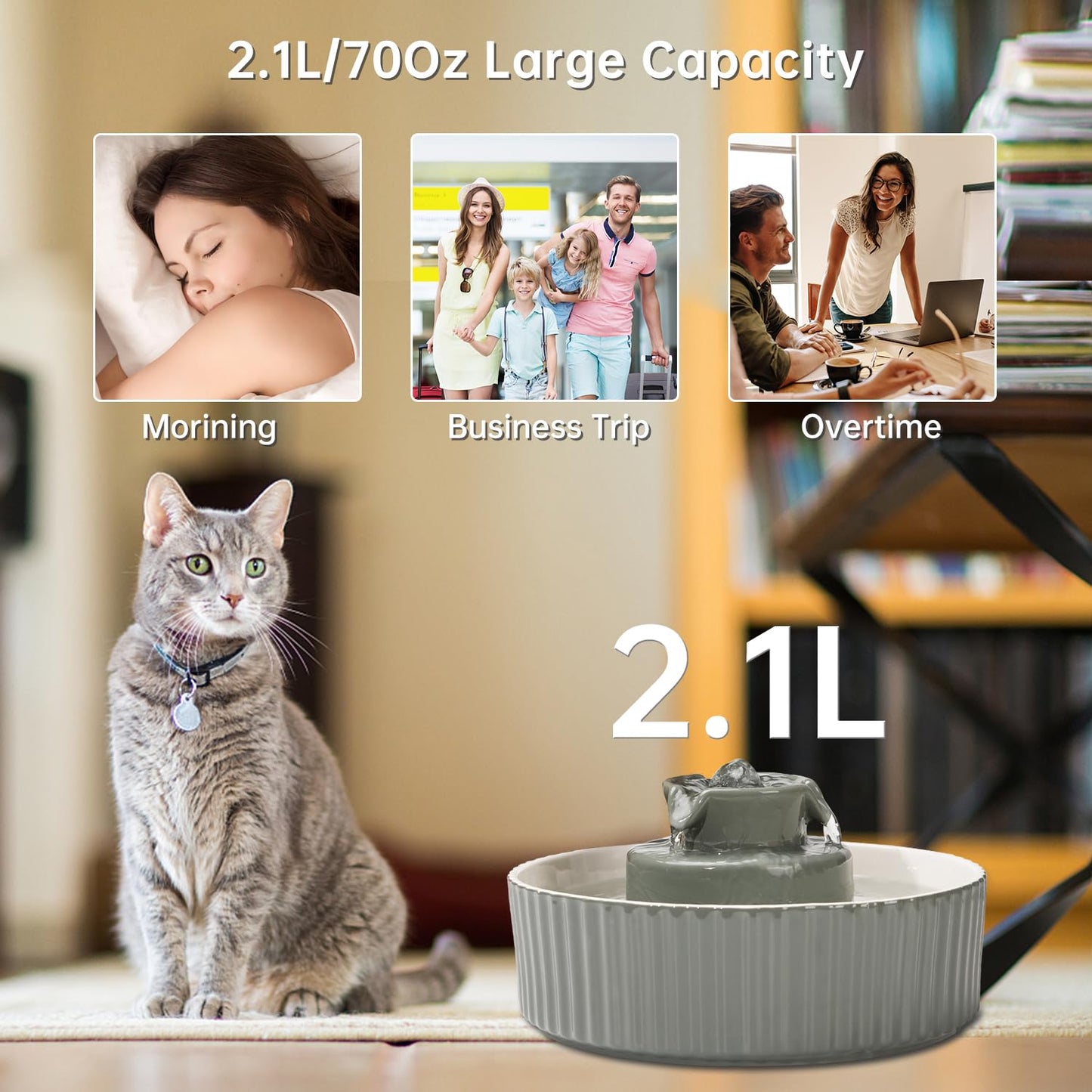 Ceramic Cat Water Fountain, 2.1L/70oz Ceramic Pet Water Fountain Automatic Cat Drinking Fountains Pet Water Bowl, Porcelain Cat Water Dispenser with Ultra-Quiet Pump for Cats and Dogs(Grey)